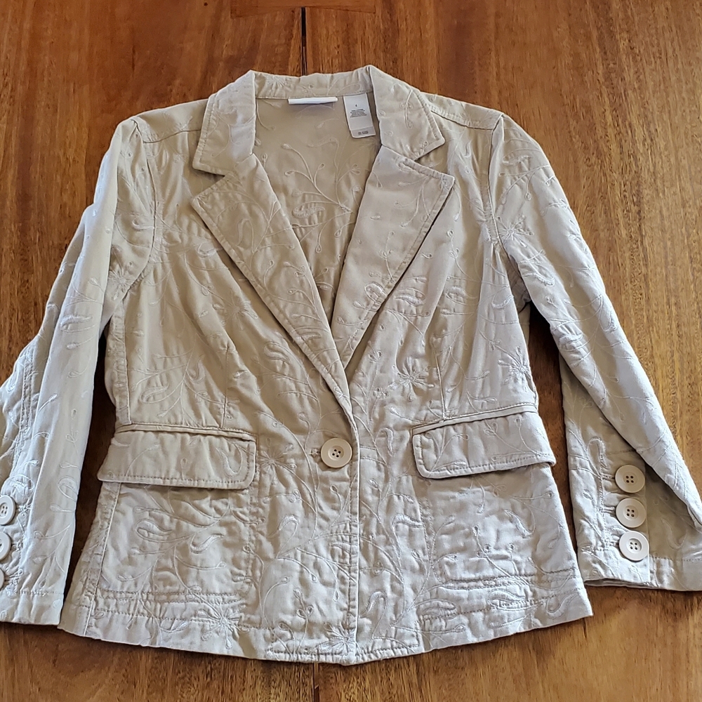 3/4 Sleeve Embroidered Neutral Blazer Jacket, size 4, Liz Claiborne